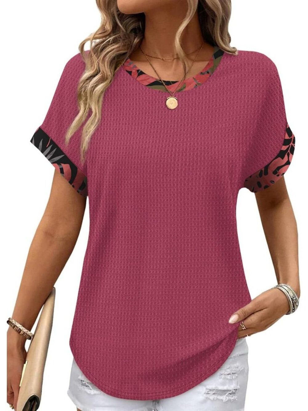Women's Unique Pink Leaf Polyester Blend Short Sleeve V Neck Henley Shirts